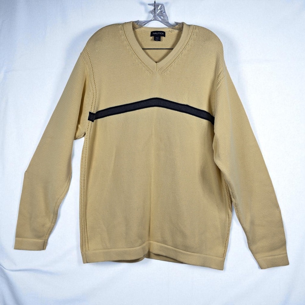 Vintage Nautica Mens XL Heavy Knit Sweater Yellow V-Neck Cotton Embroidered Logo